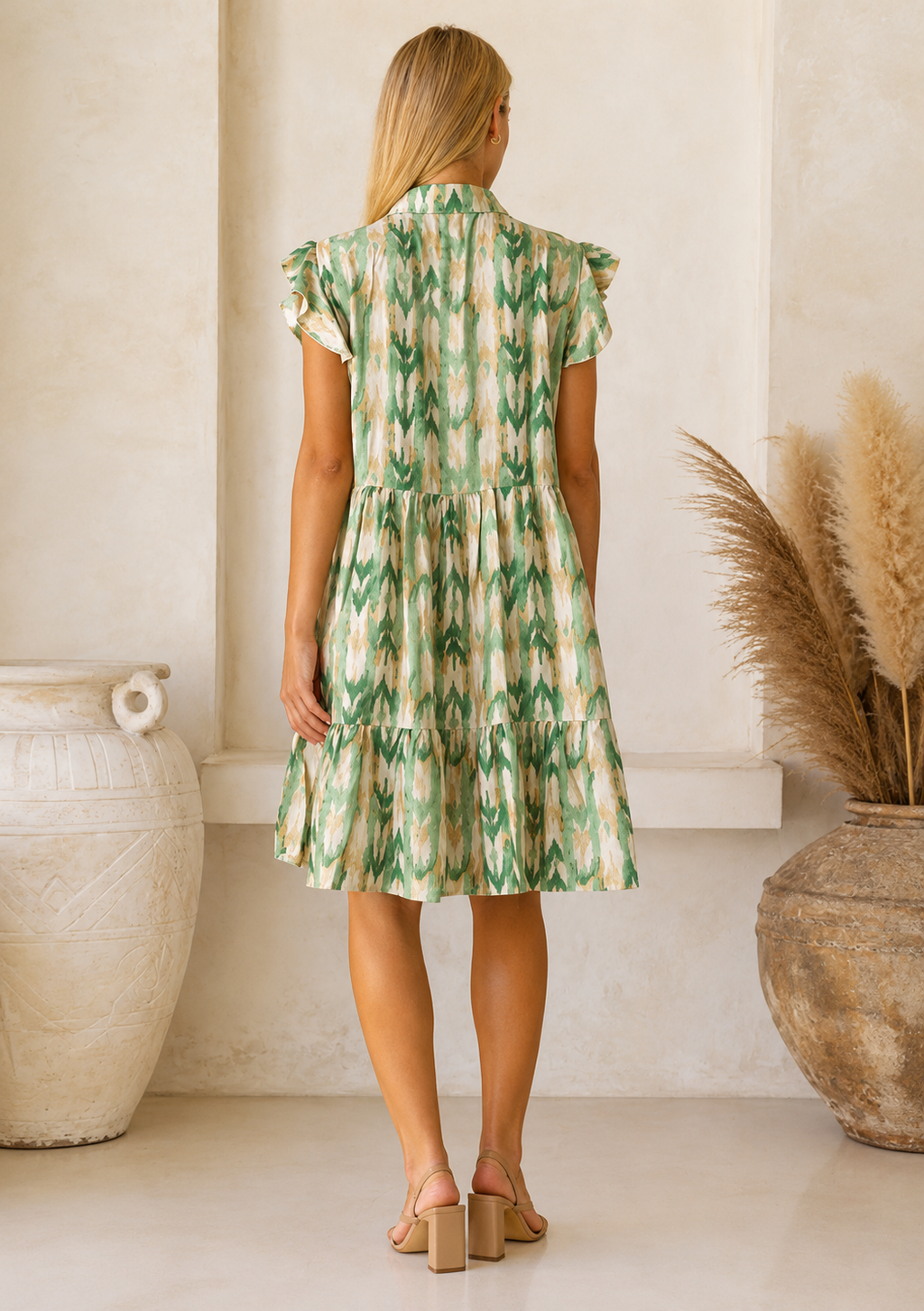 Women's Green Abstract Collared Button Down Ruched Tank Dress  Casual Summer Dress
